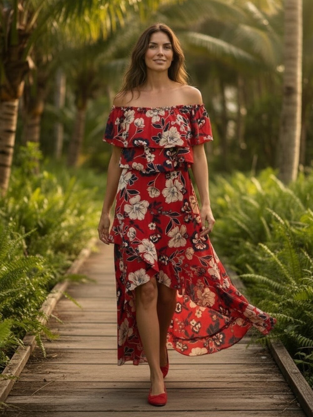 Red Floral Ruffle Maxi Dress - Women's